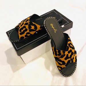 Leopard Cross Studded Sandal Slides